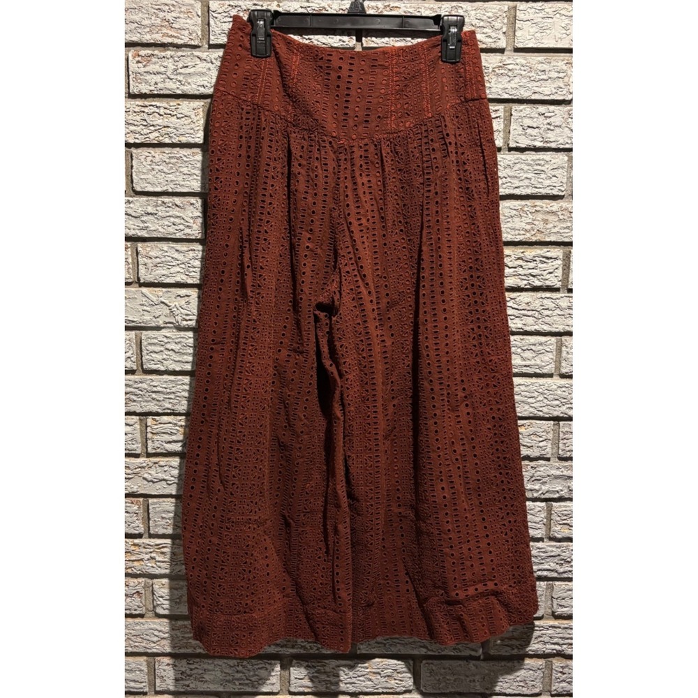 Anthropologie Rust Brown Eyelet Wide Leg Culotte Pants Size 2 Boho Cropped - Picture 2 of 9